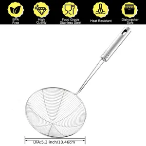 1 Stainless Steel Spider Web Strainer Spoon - Professional Kitchen Pasta Skimmer with Long Handle - Fryer Mesh Filter - Asian Cooking & Frying Ladle for Restaurant and Home Use