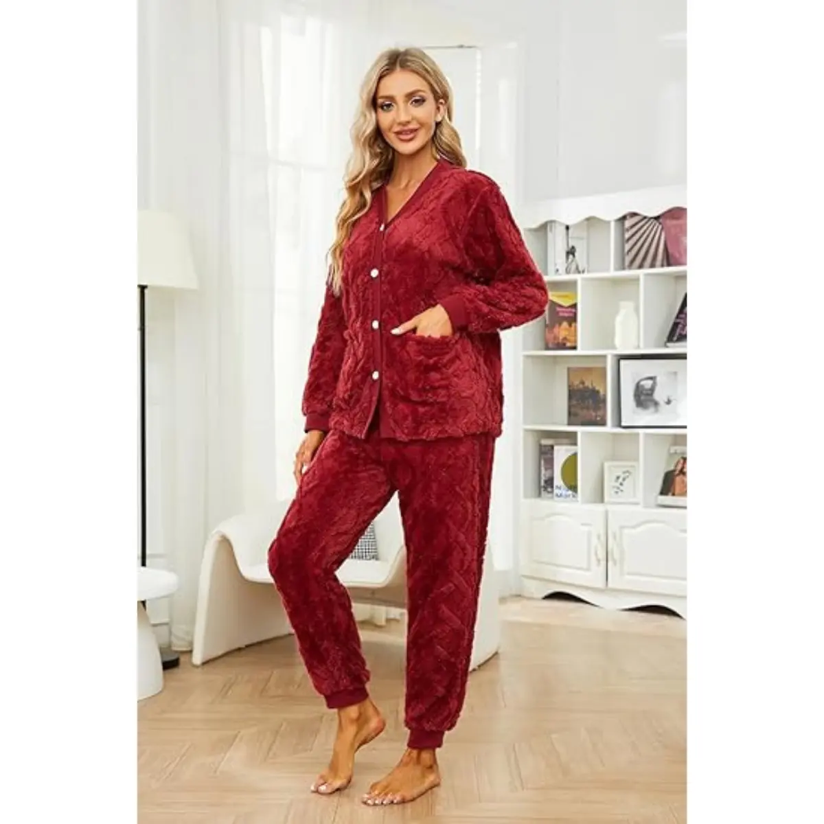 Women's Cozy Fuzzy Pajama Set Warm Fluffy Long Sleeve Sleepwear Plush Loungewear Thermal Nightwear with Pockets & Ribbed Closures
