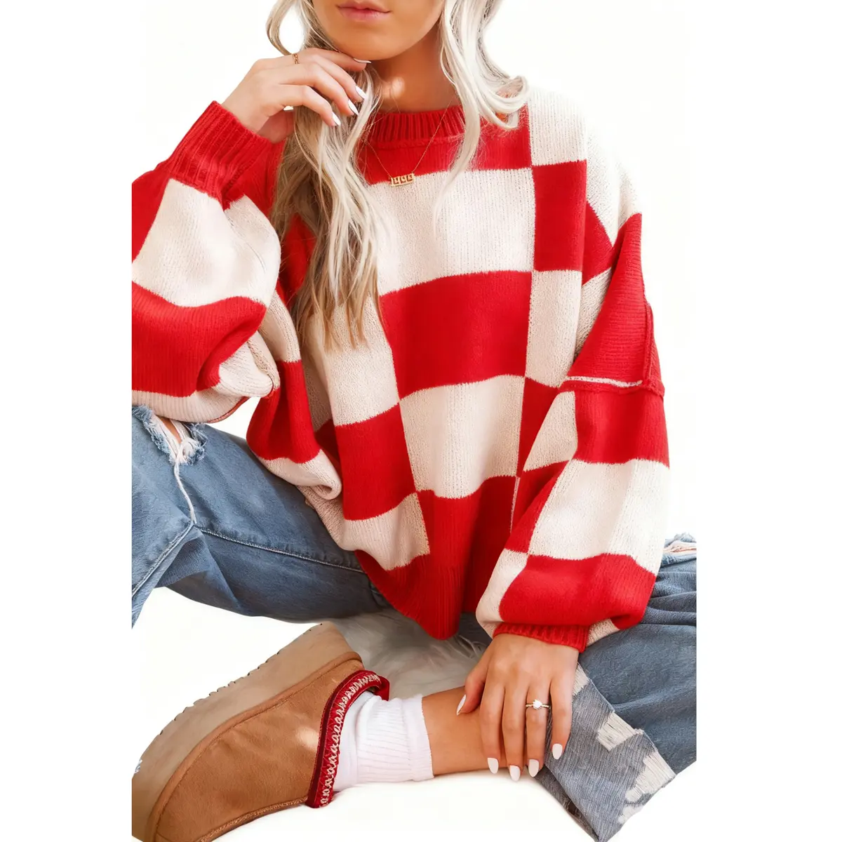 Women's Oversized Plaid Sweater, Baggy Style Chunky Knit Pullover with Long Bishop Sleeves, Cute Everyday Knitwear, Checkered, Fit, Long Sleeve, Casual, Piece, Fashion, Loose