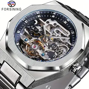 Forsining Fashion Trendy Casual Men's Automatic Mechanical Watch 3D Rhinestone Skeleton Hollow Men Wristwatches Sport Business Watches Tourbillon Montre Homme Polygonal Watch case Ideal Gifts For Man Original watch
