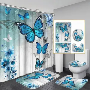 Blue Butterfly Theme Shower Curtain Set, Non-Slip Floor Mat, U-Shaped Rug, Toilet Lid Cover, Perfect for Bathroom Decor, Includes 12 Hooks, Bathroom Supplies