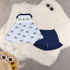 New Clothes Girls Duck Stripe Tunic Navy Shorts Summer Outfit Set Children's Clothing