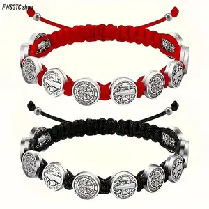 Unisex 2-Pack Adjustable Woven Bracelets, Hand Braided Catholic Bangles with Saint Benedict & Virgin Mary Charms, Trendy Stack Jewelry for Daily Wear and Holiday Gifts