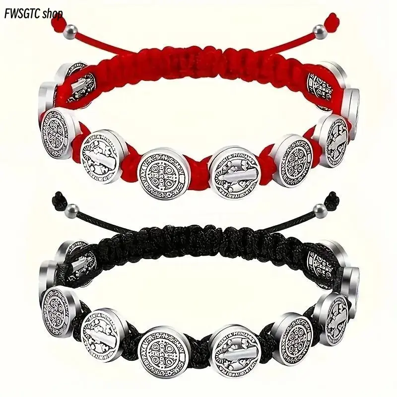 Unisex 2-Pack Adjustable Woven Bracelets, Hand Braided Catholic Bangles with Saint Benedict & Virgin Mary Charms, Trendy Stack Jewelry for Daily Wear and Holiday Gifts