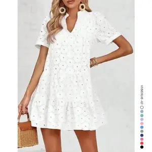Women’s Summer Lace Dresses Eyelet Casual Flowy Babydoll Swing Short Sleeve V Neck Tunic Dress