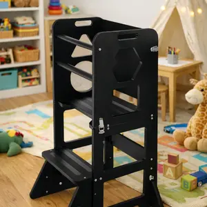 WOODURE 4-in-1 Toddler Kitchen Step Stool - Foldable Learning Tower with Blackboard for Kids Ages 1-3