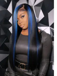 highlighted blueLong, straight,  synthetic lace wig, glue-free, colored skunk stripes, blue and black mixed, 13x4 lace wig, suitable for women, pre-exposed hairline, 28 inches, Glueless Wigs