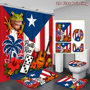 4PCS Puerto Rico Theme Shower Curtain set, Red White Blue Flag with Frog and Tropical Elements Bathroom Decor, Accessories with Bath Mat, U-shaped Mat, Toilet Lid Cover, 12 Hooks 180x180cm Curtain, Puerto Rico Enthusiast, Home Decor, bathroom accessories