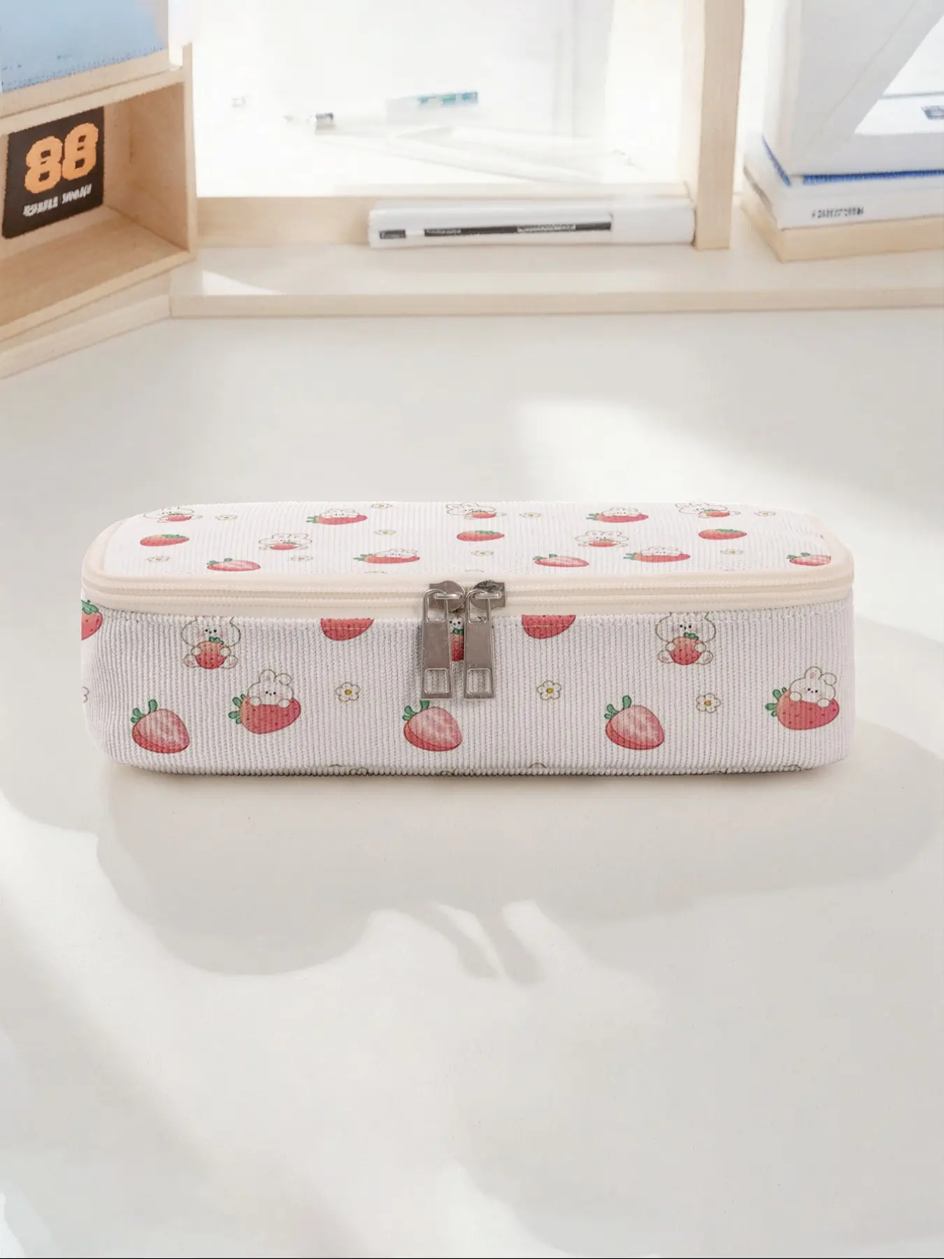 Cute Rabbit Strawberry Print Pencil Case, Durable Multi-Functional Storage Bag, Portable Zipper Organizer for School Office Supplies