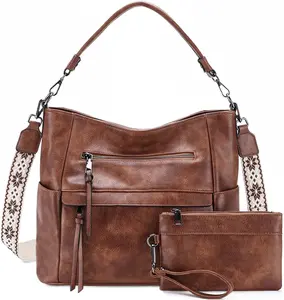 Hobo Bag for Women, Medium Vegan Leather  Purse Handbag Wallet Set Tote Bag with Crossbody Guitar Strap