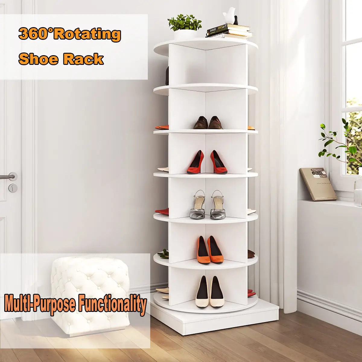6 Tiers Revolving Free Standing Shoe Storage Organizer,360° Wood Rotating Shoe Rack,Storage Rack Cabinet Tower for Entryway Living Room Hallway,Bedro