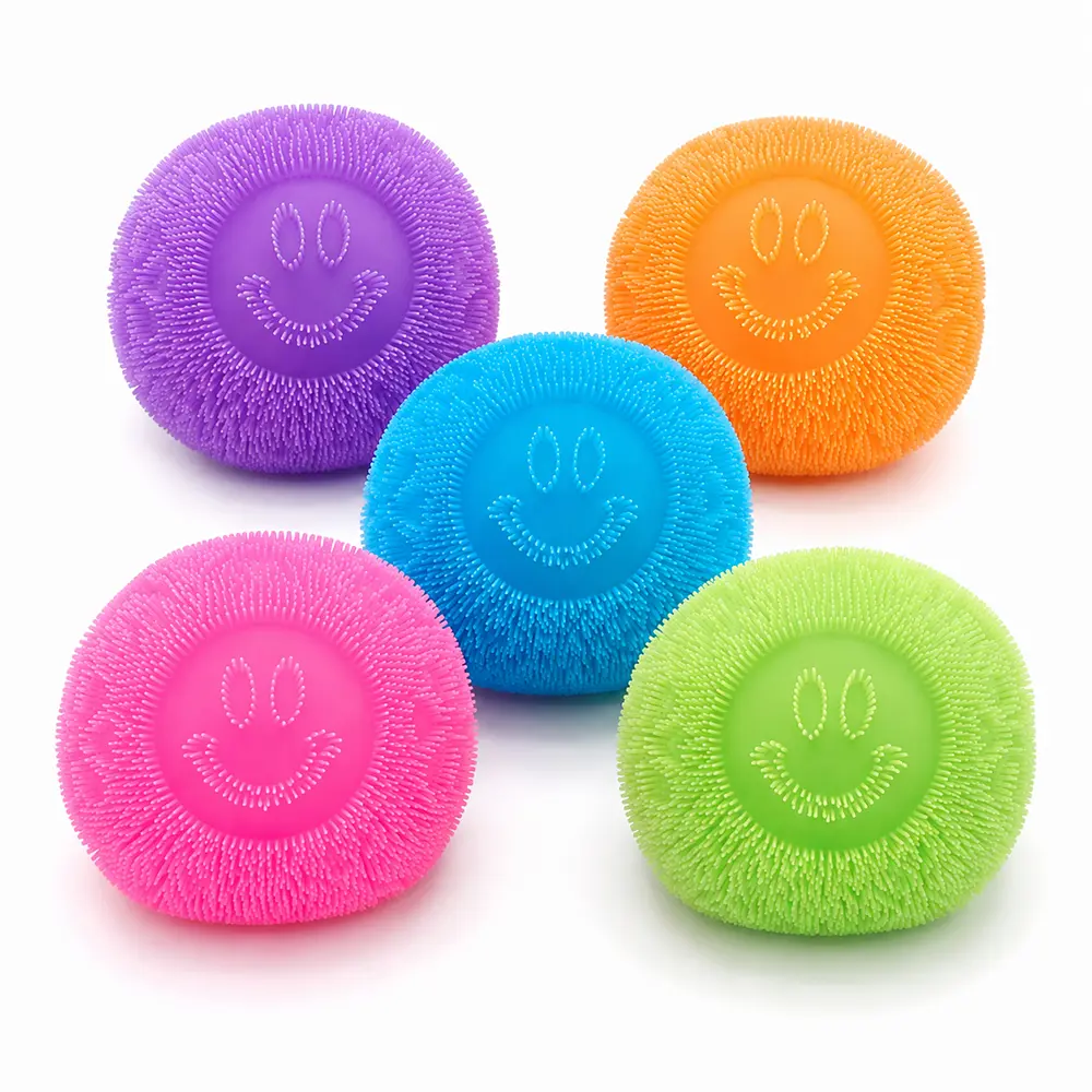 Cute Shaggy Smiley Face Squishy Ball – Colorful Textured Squeeze Stress Relief Sensory Fidget Toy for Kids & Adults, Desk Toy, Party Favor & Birthday Gift