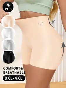 QUASTI 4-Piece High-Waist Plus Size High-Waist Seamless Solid Colors Women's Panties, Breathable Full Coverage High Elastic Waist Panties for Tummy Control Hip Lifting Panties Set, Safety Elegent Panties for Women Dailywear, 0XL-4XL