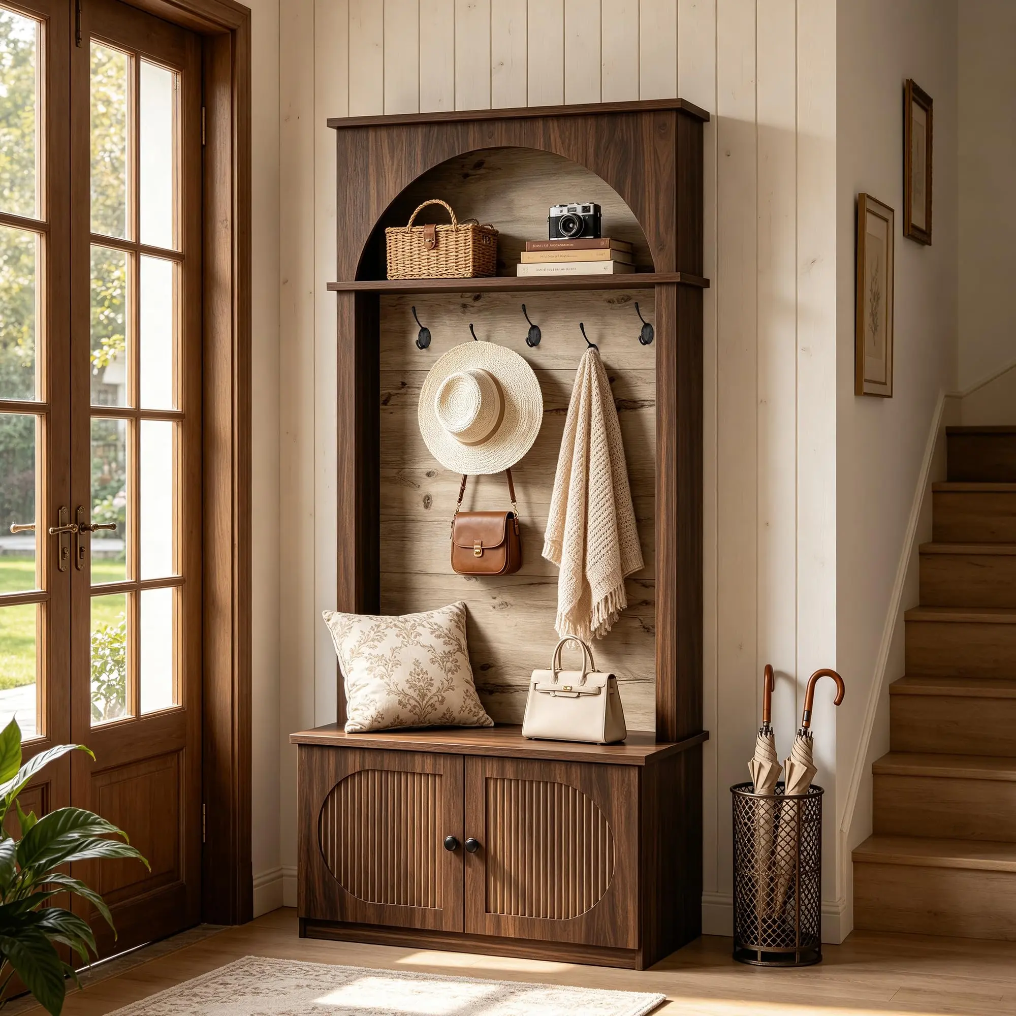 Hall Tree with Bench & Shoe Storage, 5-in-1 Coat Rack with Fluted Doors