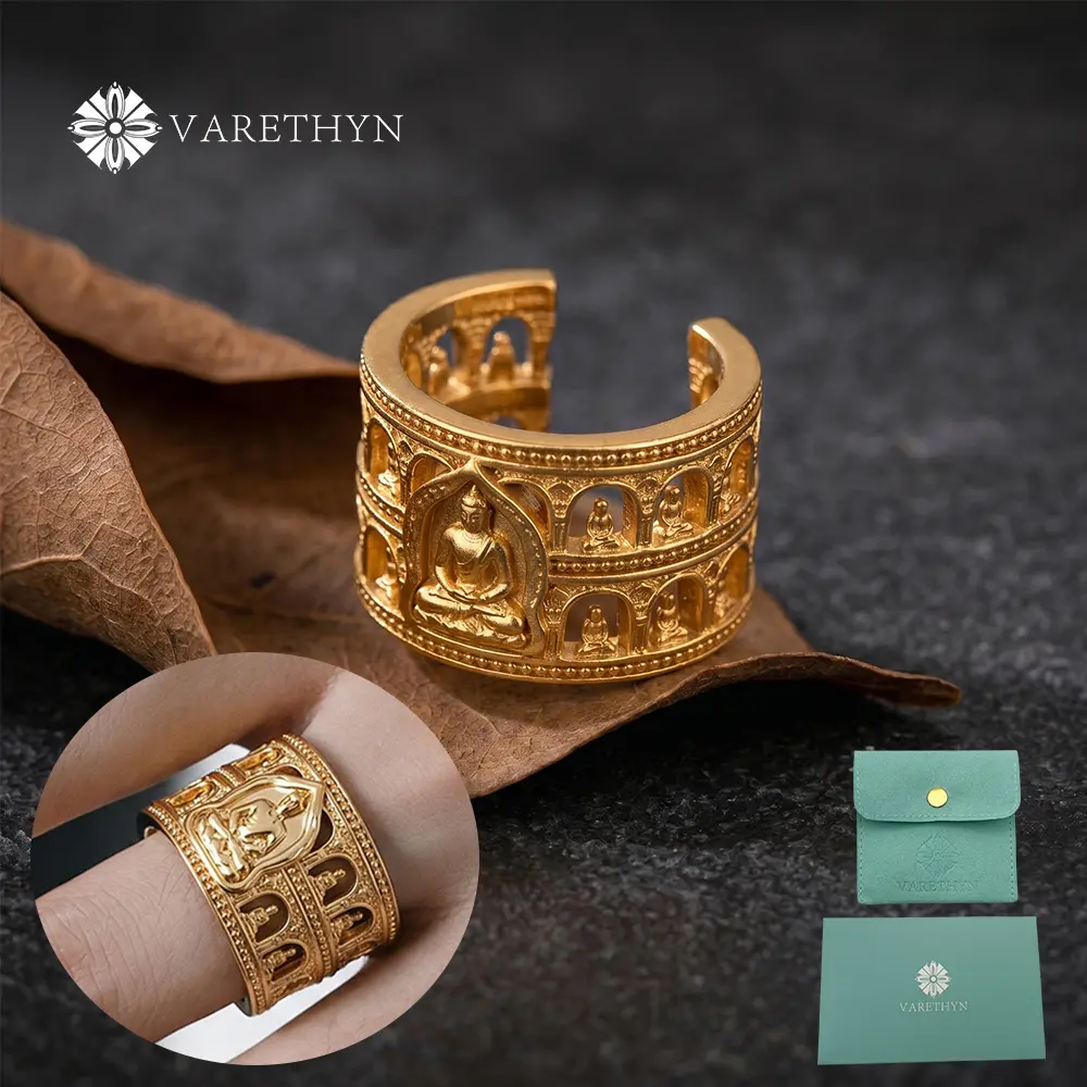 Sacred Temple Buddha Ring Vintage gold-plated Open Cuff Ring with Mindful Zen Aesthetic Spiritual Cuff Ring for Calm Energy Unisexed Ring