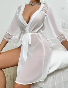 Women's Solid Color Lace Trim Belted Sheer Robe, Elegant Comfortable Open Front Kimono Sleeve Lounge Robe, Ladies Sleepwear for All Seasons