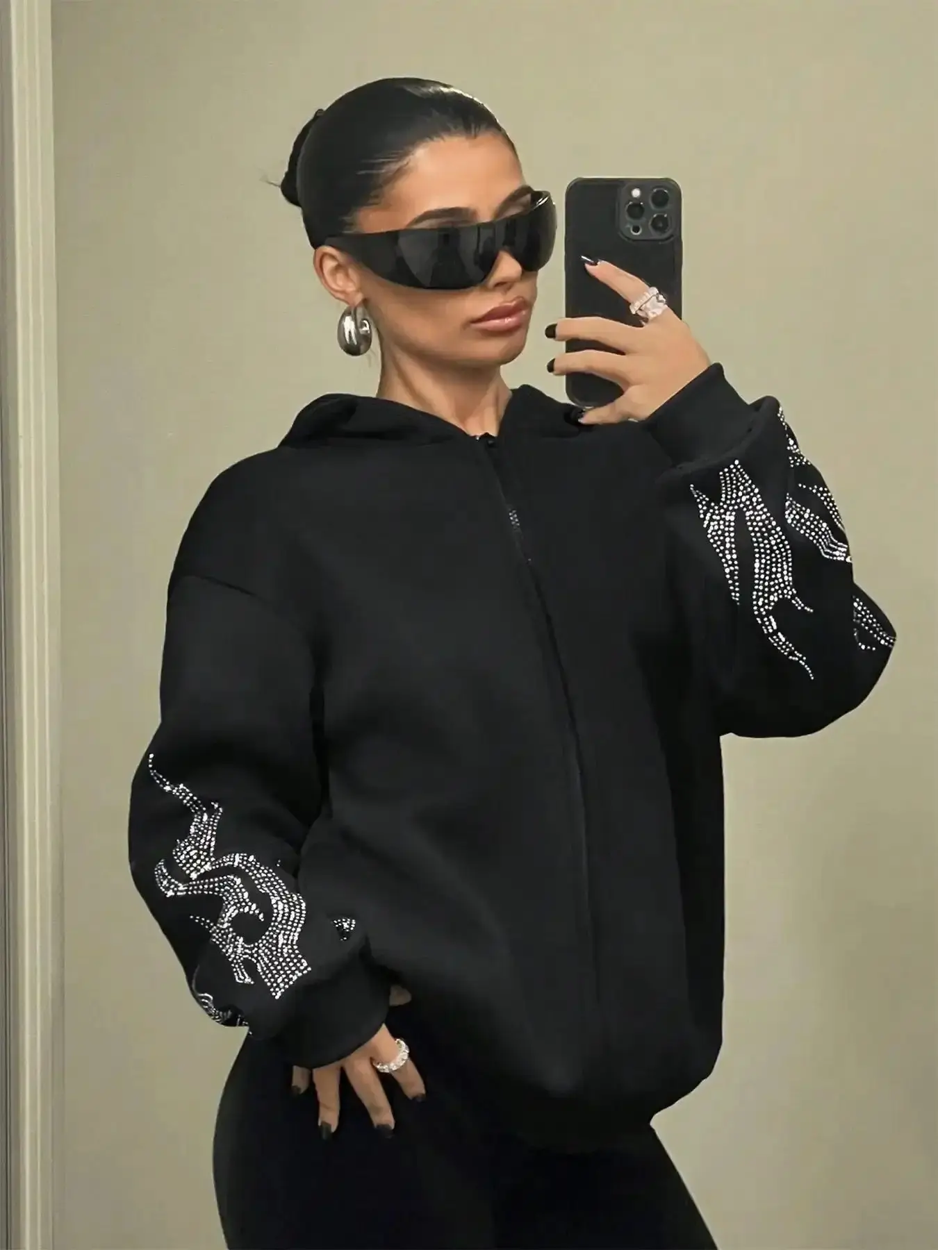 Women's Y2K style hoodie, Casual Drawstring Hooded, long sleeved zipper sweatshirt, printed with pattern letters, Spring and Autumn fashion Loose sleek going out top timeless everyday essential