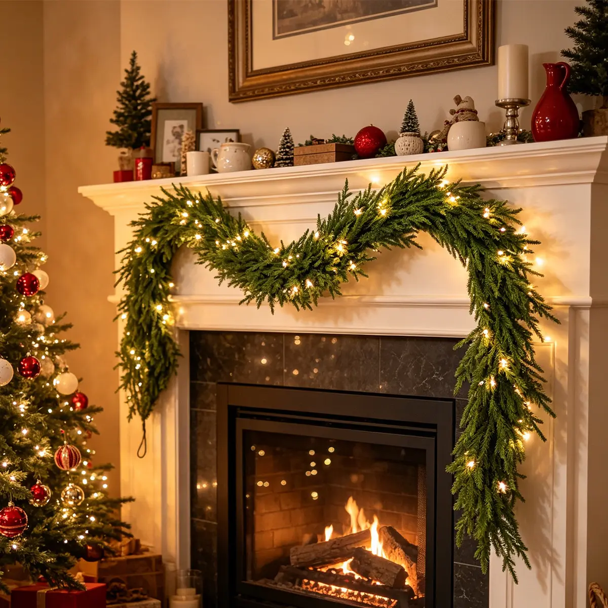 Pre-Lit Christmas Pine Garland with Warm Lights, Artificial Norfolk Pine Garland Real Touch Greenery, Holiday Garland Decor for Staircase Banister, Fireplace Mantel, Doorway, Home Indoor Outdoor