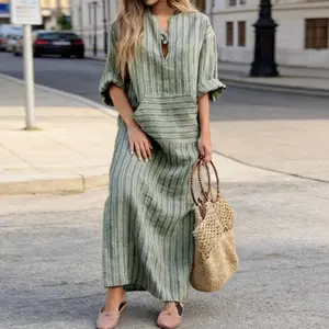 2026 new cotton and linen yarn dyed striped loose dress Summer Women