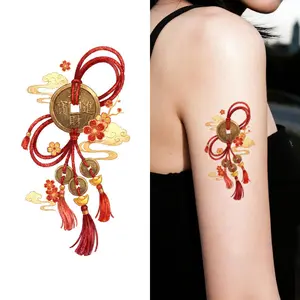 Colorful temporary tattoo stickers waterproof and long-lasting Copper coin pendant pattern symbolizes peace, auspiciousness, ancient style, arm sticker