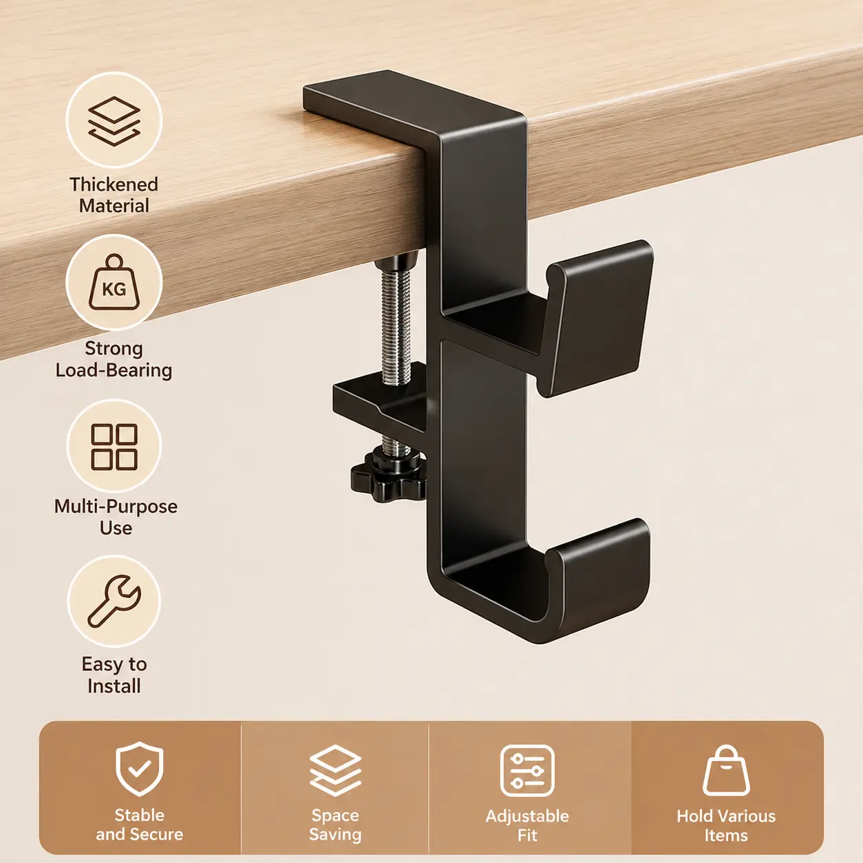1 Count Adjustable Under Desk Clamp Hook, Thickened Hanger for Hanging Backpack Headset Water Bottle Home Office Desktop Organization