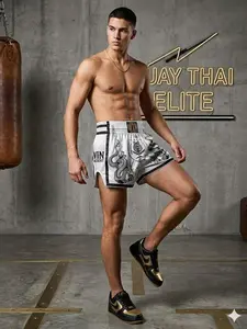 Professional Muay Thai Shorts for Men - Traditional Dragon Embroidery Gold & Black Boxing Trunks - High-Performance Kickboxing Sparring Gear with Side Slits for Maximum Range of Motion