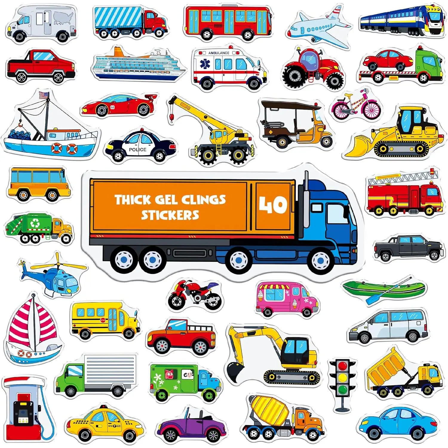 40 count  Jelly Stickers, Transportation Tools Thick Window Door Clings Removable  Gel  for   Adults Home Classroom  Party Supplies (Not Edible)