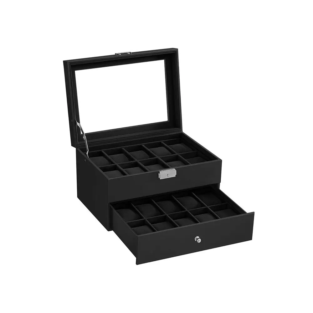 SONGMICS Watch Box, 20-Slot Watch Case Organizer with Large Glass Lid, Removable Pillows, Metal Lock, Gift for Loved Ones, Black Synthetic Leather