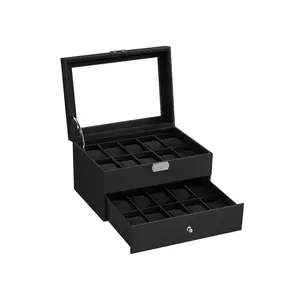 【Deals For You】SONGMICS Watch Box, 20-Slot Watch Case Organizer with Large Glass Lid, Removable Pillows, Metal Lock, Gift for Loved Ones, Black Synthetic Leather
