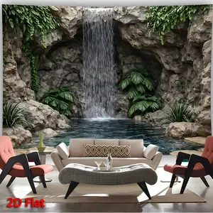 Stone Cave Tapestry Jungle Waterfall Backdrop Nature Theme Wall Hanging Photography Background Scenic Decor for Living Room Bedroom Indoor Outdoor Home Decoration