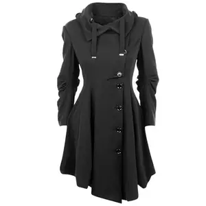 Women's long windbreaker pea jacket - wool winter windbreaker Gothic lapel and flat coat jacket thick hat pea jacket windbreaker