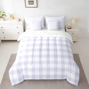 Light Purple White 7 Piece Bedding Set Buffalo Check Comforter Set with Sheets Plaid Bed in a Bag with Comforter,Sheets,Pillowcases & Cushion Cover Geometric Modern Art All Season