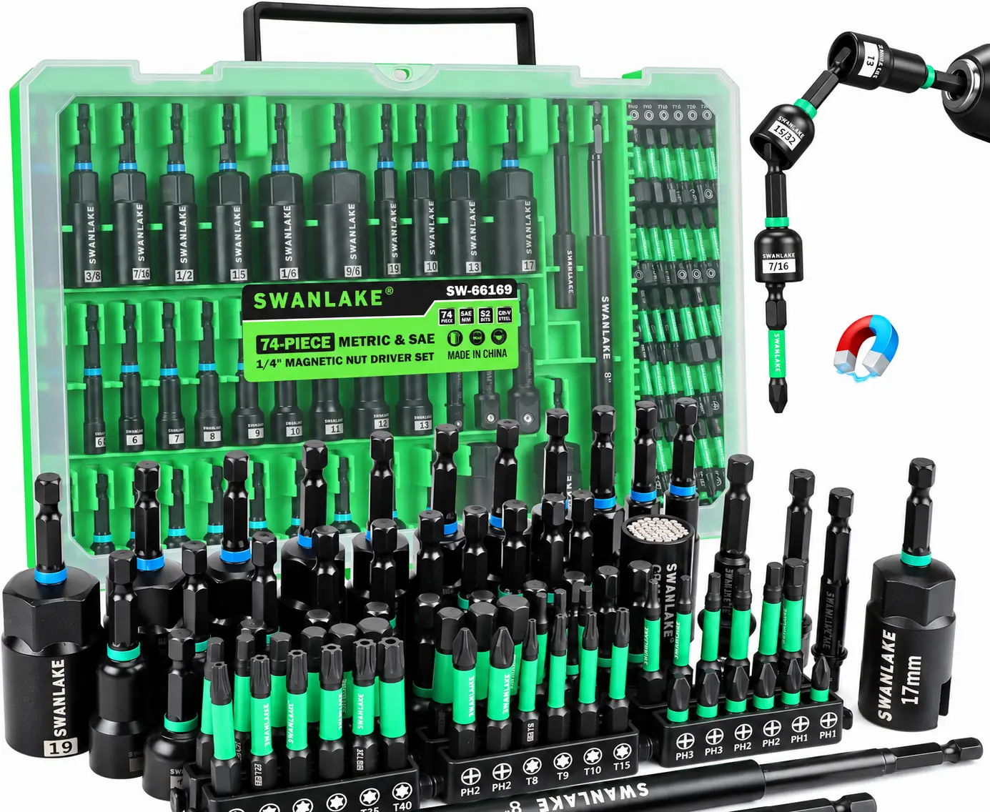 Magnetic Nut Driver Set for Impact Drill Metric & SAE, 74 or 41 Piece, Impact Socket Adapter, Power Bits with Magnetic Holder, Wing Nut Driver, Universal Socket, 1/4'' Quick-change Bit Extension, Christmas Gift, Screwdriver Bits, Heavy Duty Tool
