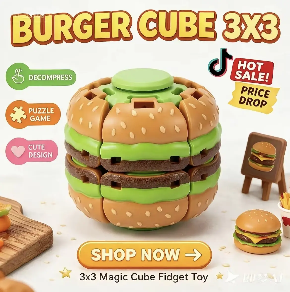 Burger Push Spinner Desk Toy, Smooth Rotating Sensory Fidget, Compact Hamburger Novelty Gift for Adults