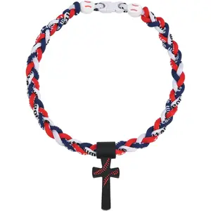 Baseball Necklaces for Boys, Baseball Necklace Three-Braid Rope Tornado Cross Necklace Sports Titanium Necklace Baseball Rope Necklace