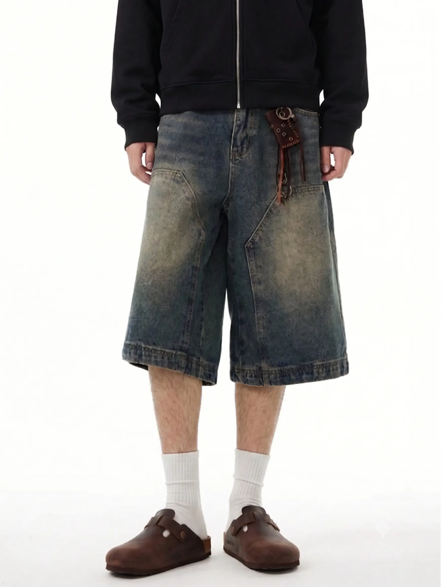 Men's Wide Leg Baggy Jorts,Raw Hem Denim Shorts,Vintage Wash Utility Panel Denim Shorts,Streetwear Skater Jean Shorts with Keychain,Y2K Grunge Aesthetic,shorts summer,loose denim short