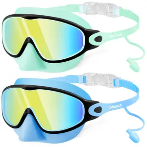 [Summervibes]Vvinca Kids Swim Goggles with Nose Cover & Attached Earplugs, Anti-Fog Wide View Swimming Goggles for Boys Girls 3-12,Kids,Youth,for Lake,Beach, Summer Party