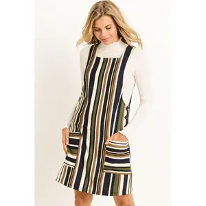 Gilli Striped Jumper Overalls Dress w/ Pockets - Navy Olive