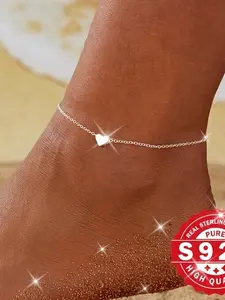 Boho Style S925 Silver Heart Pendant Anklet, Fashionable Sexy Foot Jewelry for Daily Wear & Holiday Gifts, All-Season Accessory, Foot Chain, Bohemian Style