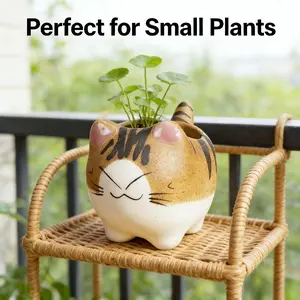 2026 New Cute Cat Design Earthenware Rustic Flower Pot, High-Quality Desktop Succulent Planter, Hand-Painted Cartoon Cat Decorative Pot
