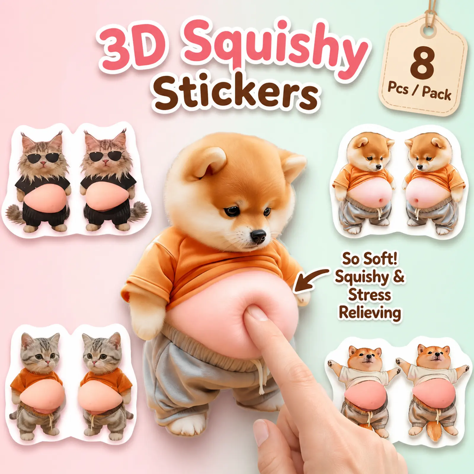 8Pcs 3D Dog & Cat Belly Mochi Squishy Stickers, Cute Squeezable 3D Animal Sticker, Shiba Inu Silicone Soft Belly Protector, Anti-Collision and Decorative Squishy Bellies Stickers