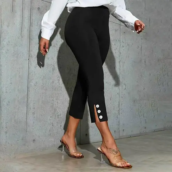 Women's Elastic Capri Pants - Mid-Stretch Slim-Fit Solid Color Casual Summer Pants with Faux Button Detail, Breathable Fabric for Spring/Summer, Versatile for Casual & Semi-Formal Wear, Capri Leggings, Spring Fashion, Stylish Capris Elegant Black