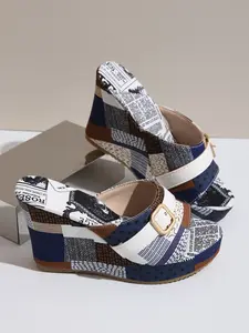 Summer New Women's One-Strap Buckle High Heel Design Fashionable Sandals, Thick Sole Cloth Beach Slippers, Fashion Casual Outdoor Shoes