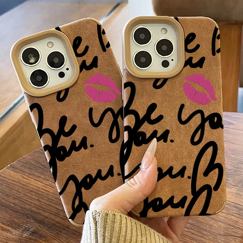 Luxury Matte Lambskin Faux Leather Phone Case, Pink Lip Print Pattern, Anti-Scratch Shockproof TPU Bumper Drop Proof Protective Cover for iPhone 11 12 13 14 XR XS 15 15 Plus 16 16 Pro 16 Pro Max 17 17 Air 17 Pro 17 Pro Max