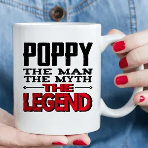 1pc Poppy The for Man The Myth The Legend Ceramic Mug - Insulated Reusable Coffee Cup with Bold Black & Red Letter Print, Microwave Safe, Lead-Free - Novelty Gift for Adults, Christmas, Halloween, Easter, Graduation, 4th of July, Coffee Bar Accessories, H