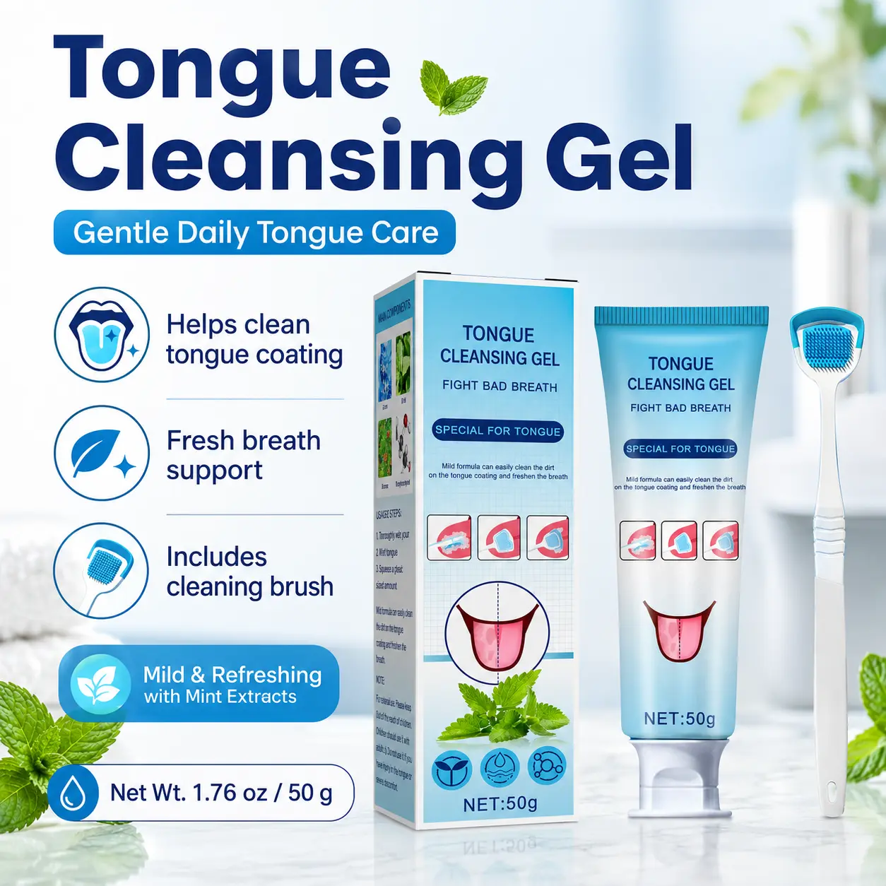 Tongue Cleaning Gel with Tongue Scraper, Oral Care Gel for Fresh Breath, Portable Tongue Cleaner Tool Set for Daily Mouth Hygiene