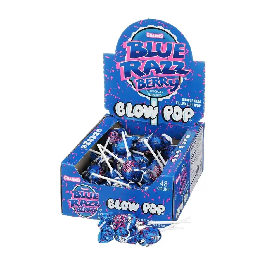 Charms Blow Pops Blue Raspberry 48 ct. - Hard Candy Lollipop with Chewy Bubble Gum Center with Blue Raspberry Flavor - 48 Count Box Snack Sweet