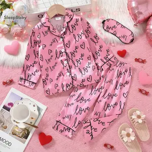2 Pcs Set Toddler Little Girls Pajama Sets Heart Letter Print Long Sleeve Lapel Neck Button-up Tops Elastic Waist Long Pant Eye Covers Baby Valentine Gift Outfit