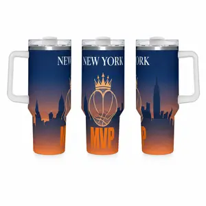40oz Handle Insulated Travel Tumbler, Gradient New York City Skyline Crown Basketball MVP Full Wrap Print 18/8 Stainless Steel Leak Proof Straw Water Mug, 24H Cold 12H Hot BPA Free NYC Urban Basketball Fan Gift for Men