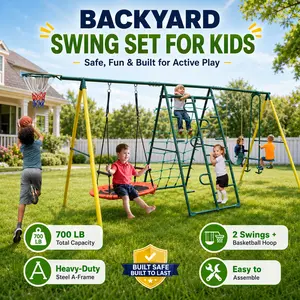 Backyard Swing Set 6 in 1 Kids Outdoor Playset with Climbing Frame Climbing Net Glider Hammock Swing Belt Swing Basketball Rim Heavy Duty Metal Frame for Yard Garden Playground Children Active Play Equipment